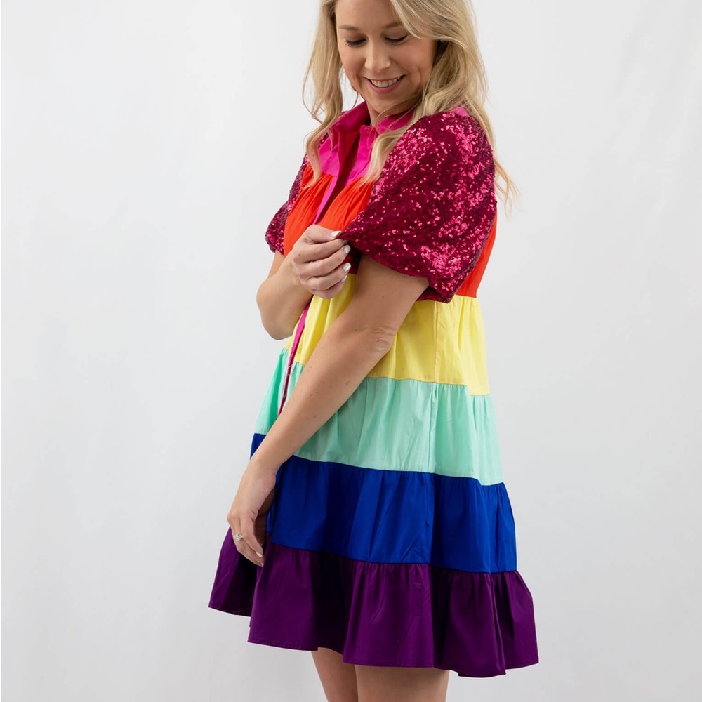 Vibrant Rainbow Tiered Casual Dress with Pink Sequin Puff Sleeves